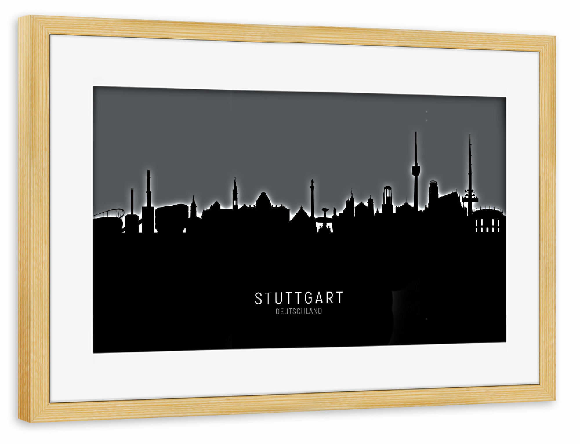 Poster mit Rahmen kiefer "Stuttgart Skyline Glow BW" artboxONE - Schwarzweiß,Städte / Stuttgart