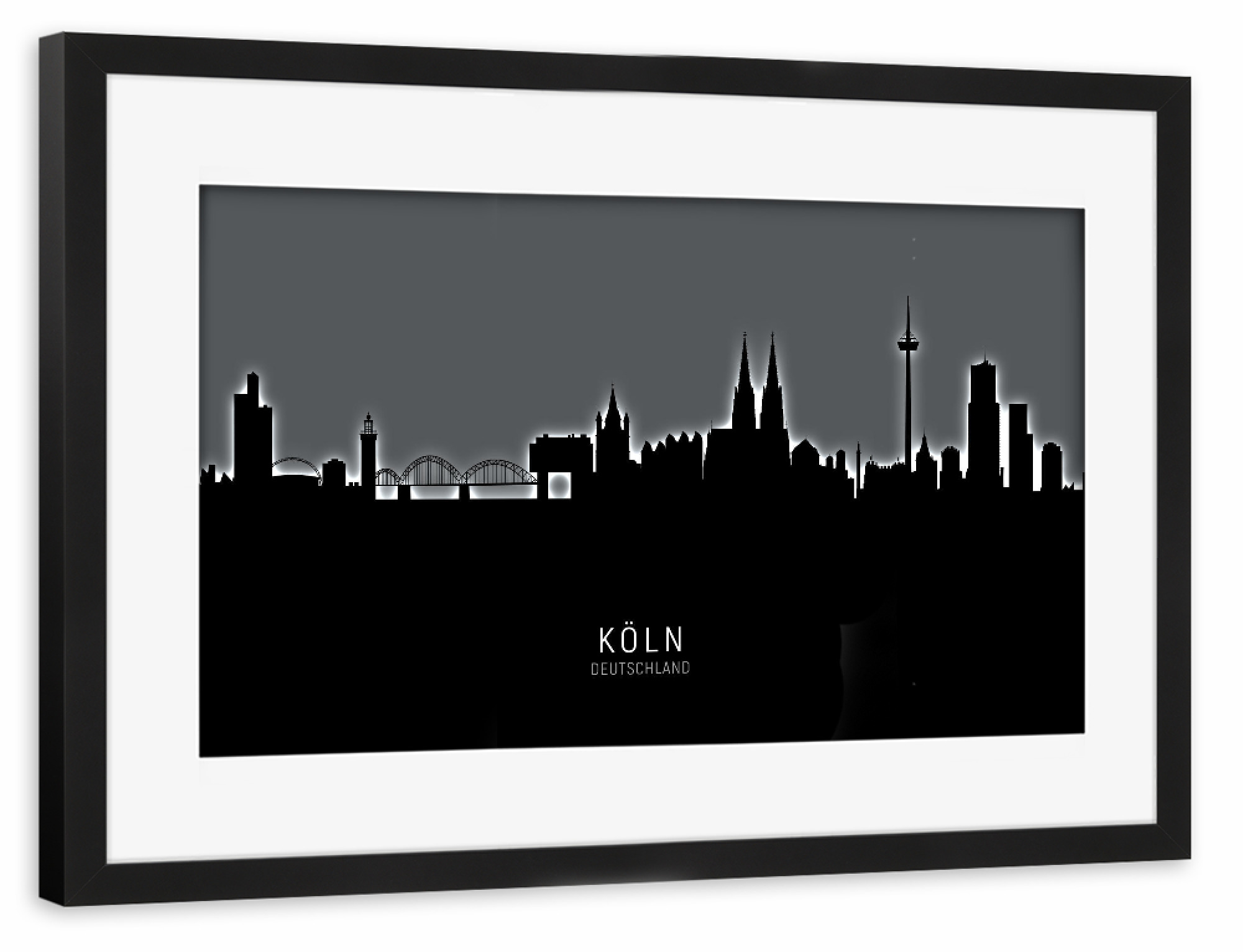 Poster mit Rahmen schwarz "Cologne Köln Skyline Glow BW" artboxONE - Städte / Köln,Schwarzweiß
