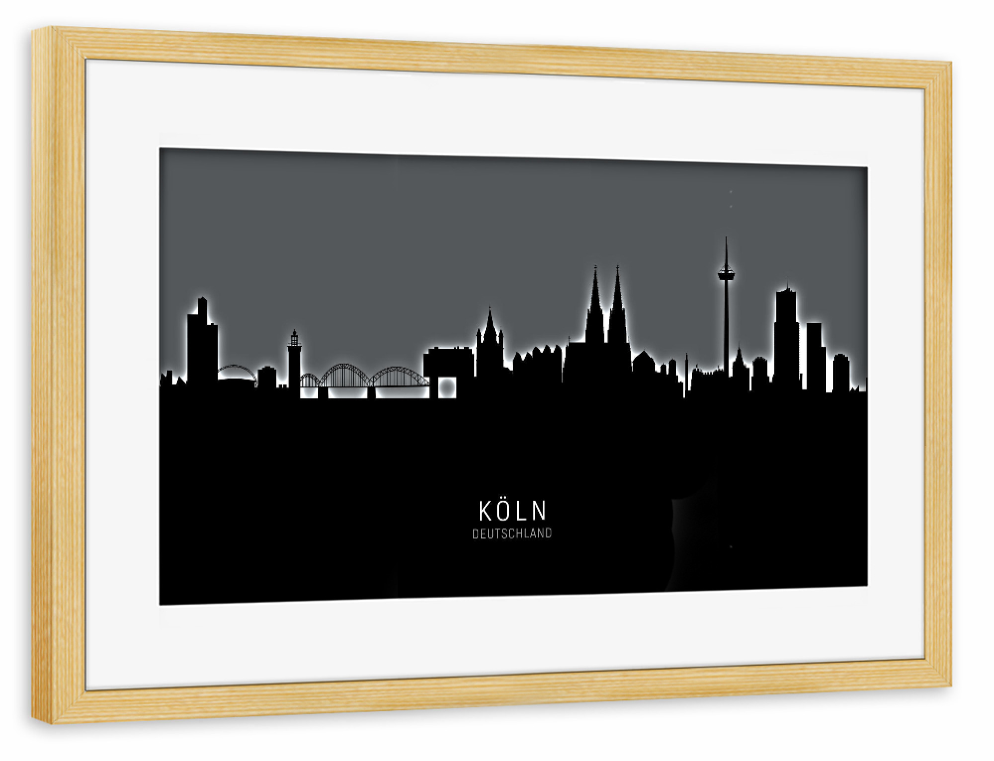 Poster mit Rahmen kiefer "Cologne Köln Skyline Glow BW" artboxONE - Städte / Köln,Schwarzweiß
