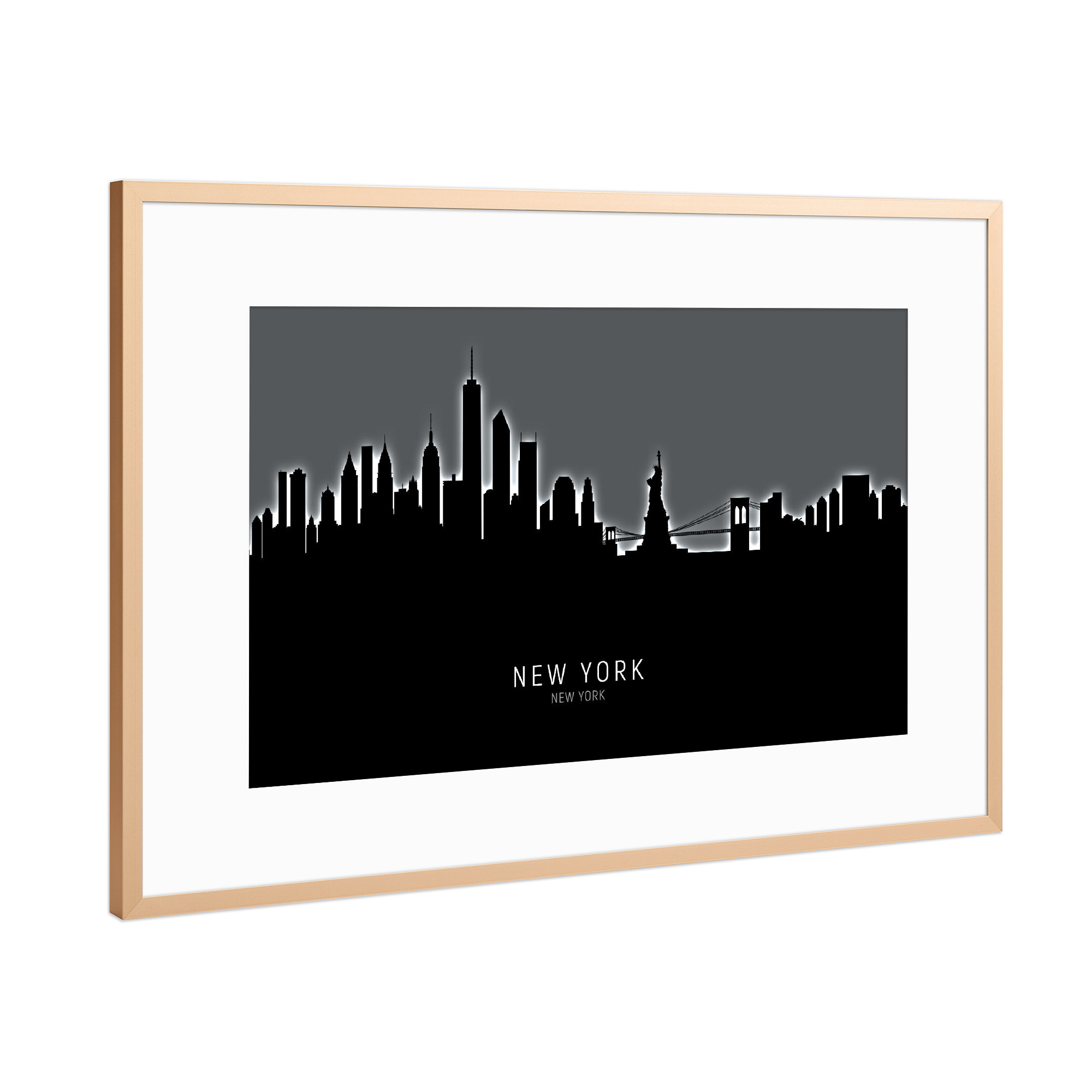 Poster mit Rahmen Kupfer "New York Skyline Glow White" artboxONE - Städte / New York,Schwarzweiß