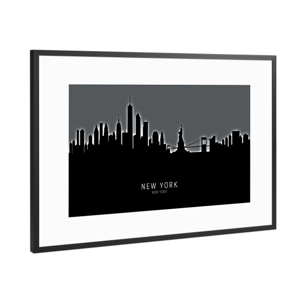 Poster mit Rahmen Schwarz (Metallic) "New York Skyline Glow White" artboxONE - Städte / New York,Schwarzweiß