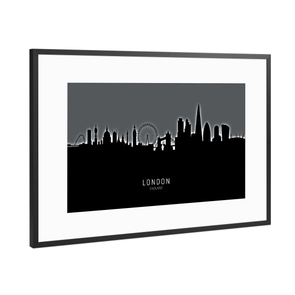 Poster mit Rahmen Schwarz (Metallic) "London Skyline Glow White" artboxONE - Städte / London,Schwarzweiß