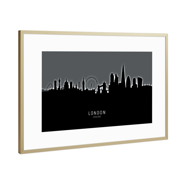 Poster mit Rahmen Gold "London Skyline Glow White" artboxONE - Städte / London,Schwarzweiß