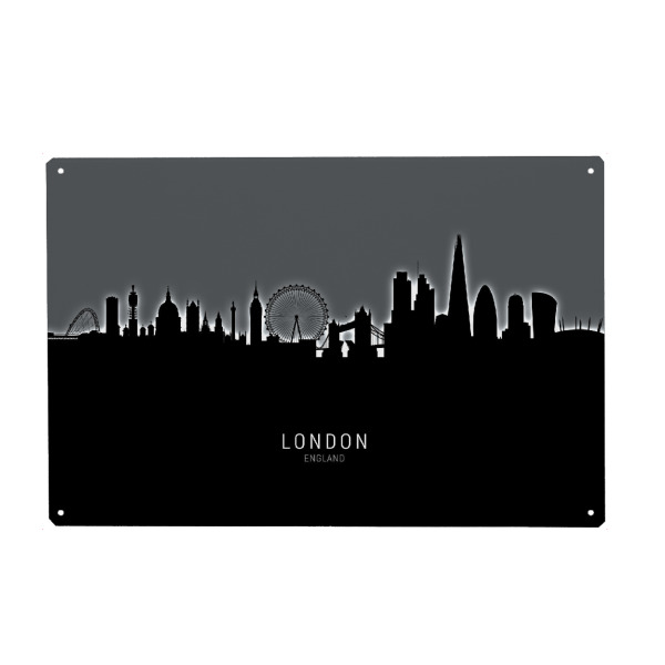 Metall Poster "London Skyline Glow White" artboxONE - Städte / London,Schwarzweiß - London,England,Skyline,Cityscape,Painting,Watercolour,Stadtbild