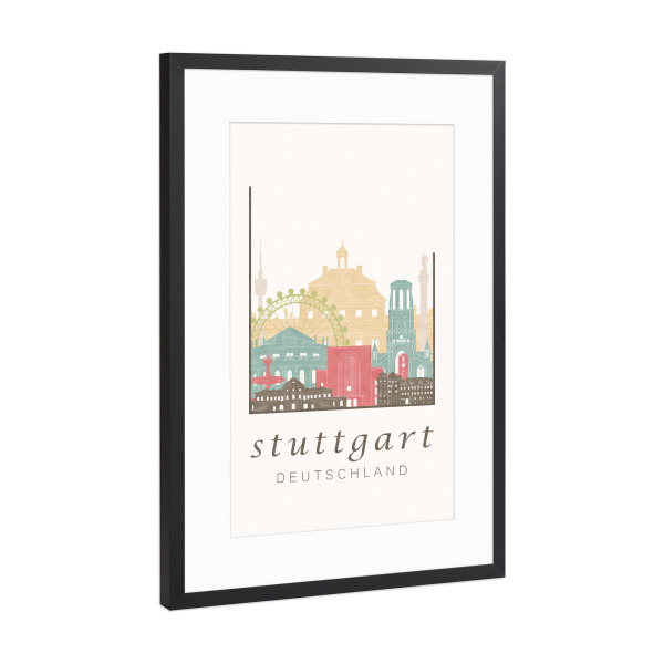 Poster mit Rahmen Schwarz (Metallic) "Stuttgart pastel skyline" artboxONE - Städte / Stuttgart,Kartografie