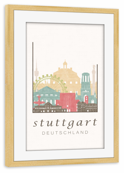 Poster mit Rahmen kiefer "Stuttgart pastel skyline" artboxONE - Städte / Stuttgart,Kartografie