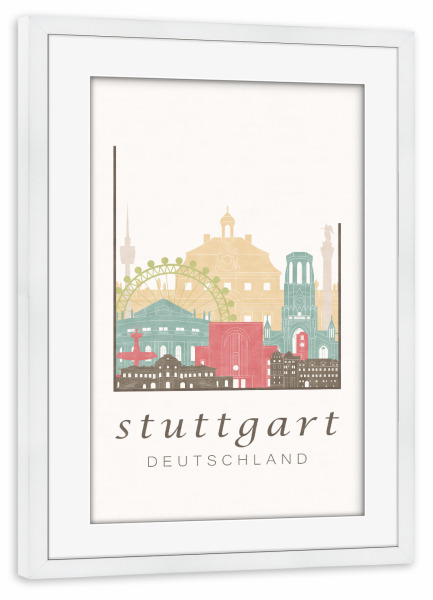 Poster mit Rahmen weiß "Stuttgart pastel skyline" artboxONE - Städte / Stuttgart,Kartografie - Stuttgart,Germany,Deutschland,Skyline,Cityscape,Travel