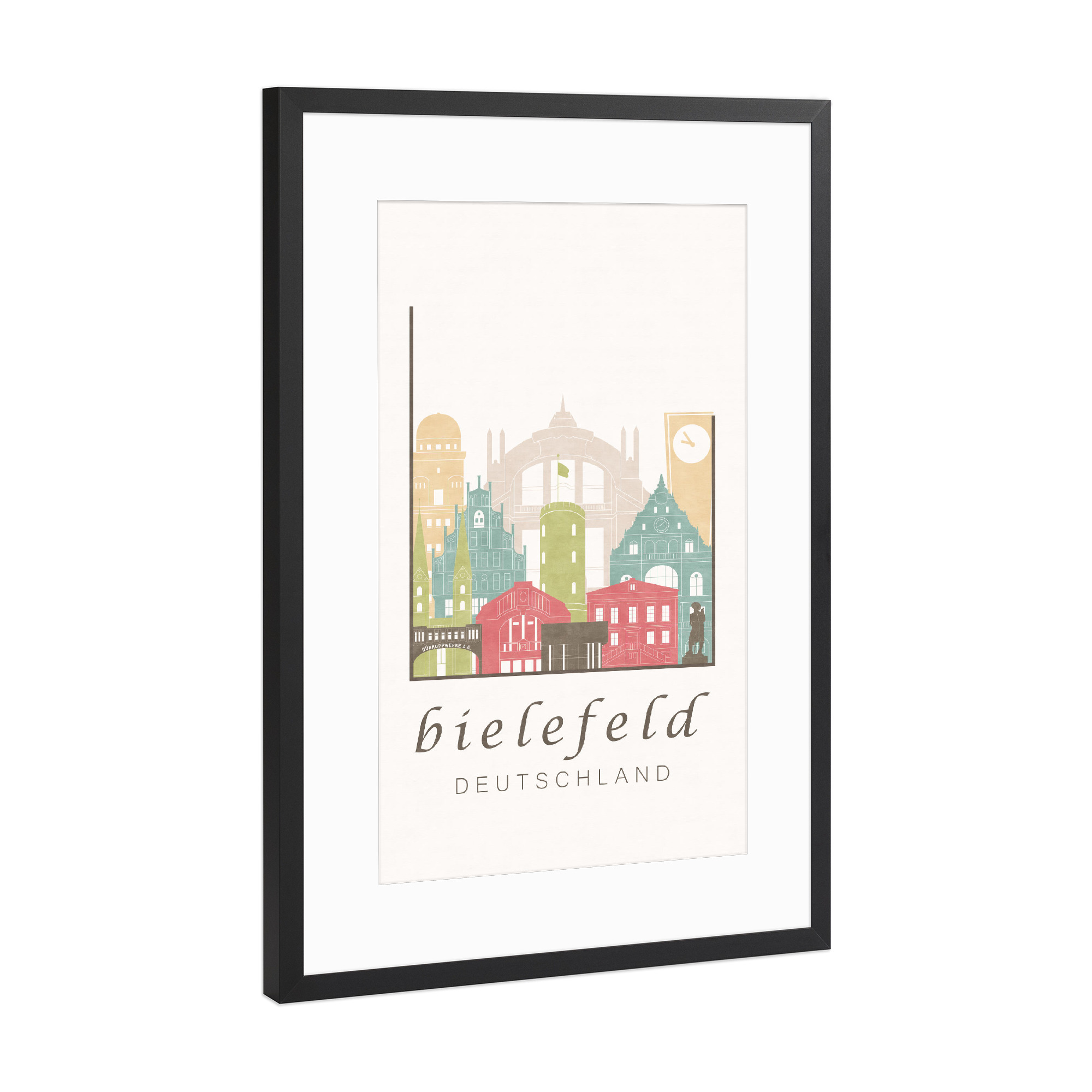 Poster mit Rahmen Schwarz (Metallic) "Bielefeld skyline pastel" artboxONE - Städte,Kartografie