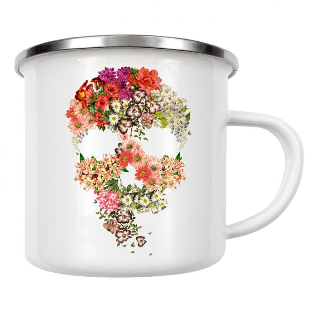 Emaille Tasse "Totenkopf-Blumenverfall" artboxONE - Floral - Totenkopf,Blumen,Blumen,Botanische,Tod,Halloween,Blumenschädel,Blühen,Tobe fonseca