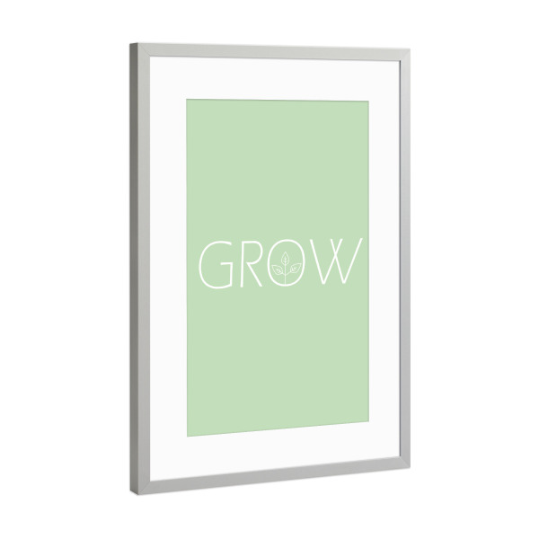 Poster mit Rahmen Silber "Grow green" artboxONE - Typografie - Grow,Green,Grün,Pflanzen,Pflanzenliebe,Minimalismus,Zimmerpflanzen