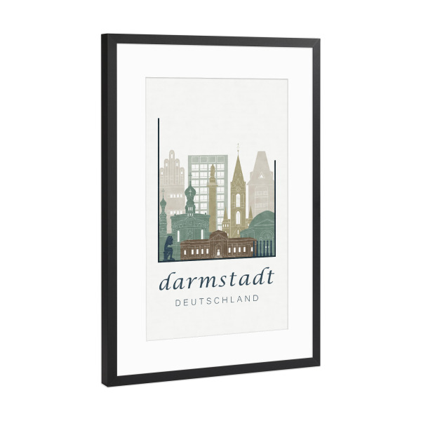 Poster mit Rahmen Schwarz (Metallic) "Darmstadt skyline light blue" artboxONE - Städte - Darmstadt,Germany,Deutschland,Skyline,Cityscape,Travel