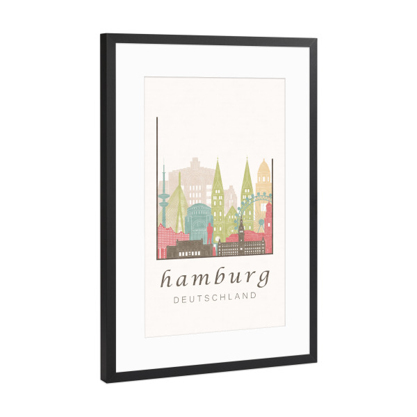 Poster mit Rahmen Schwarz (Metallic) "Hamburg Skyline in Pastel" artboxONE - Städte / Hamburg - Hamburg,Germany,Deutschland,Skyline,Cityscape,Travel