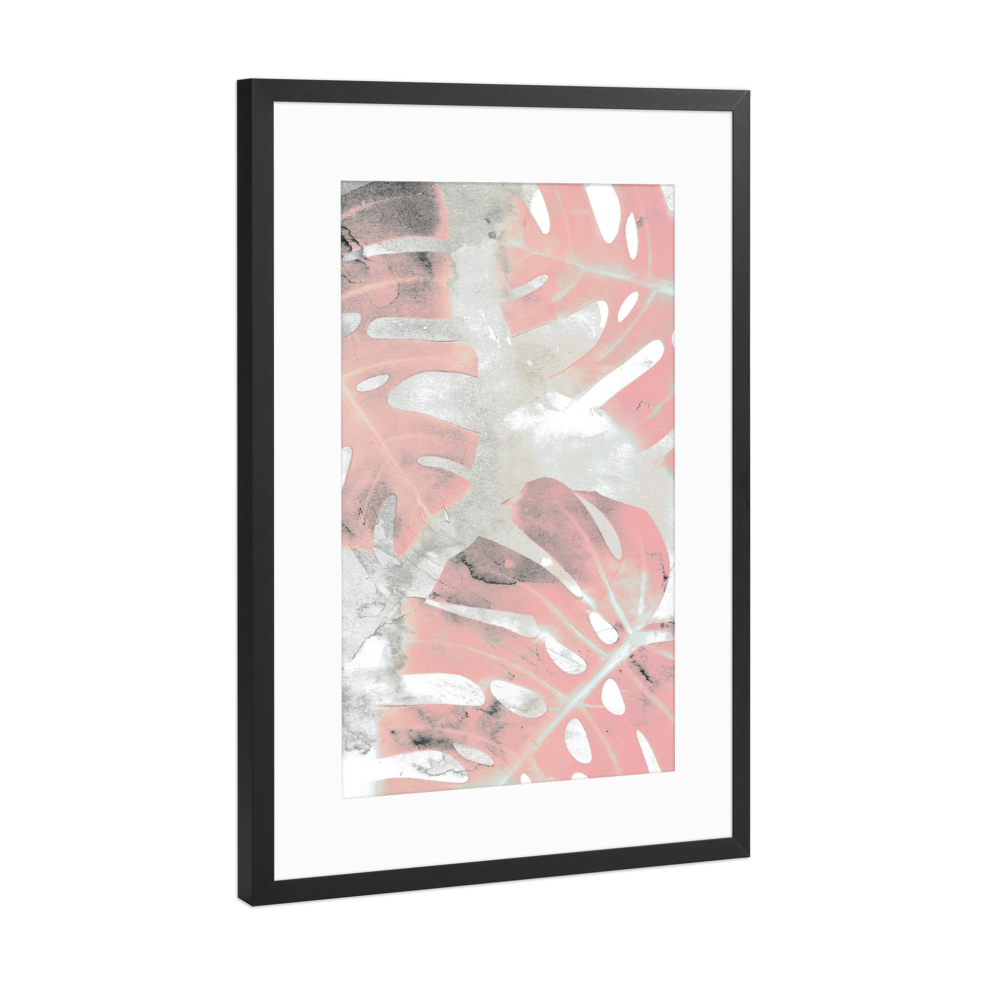 Poster mit Rahmen Schwarz (Metallic) "Pink Ombre Monstera" artboxONE - Natur,Floral - Monstera,Leaf,Exotic,Plant,Pink,Blush,Mixed media,Paint