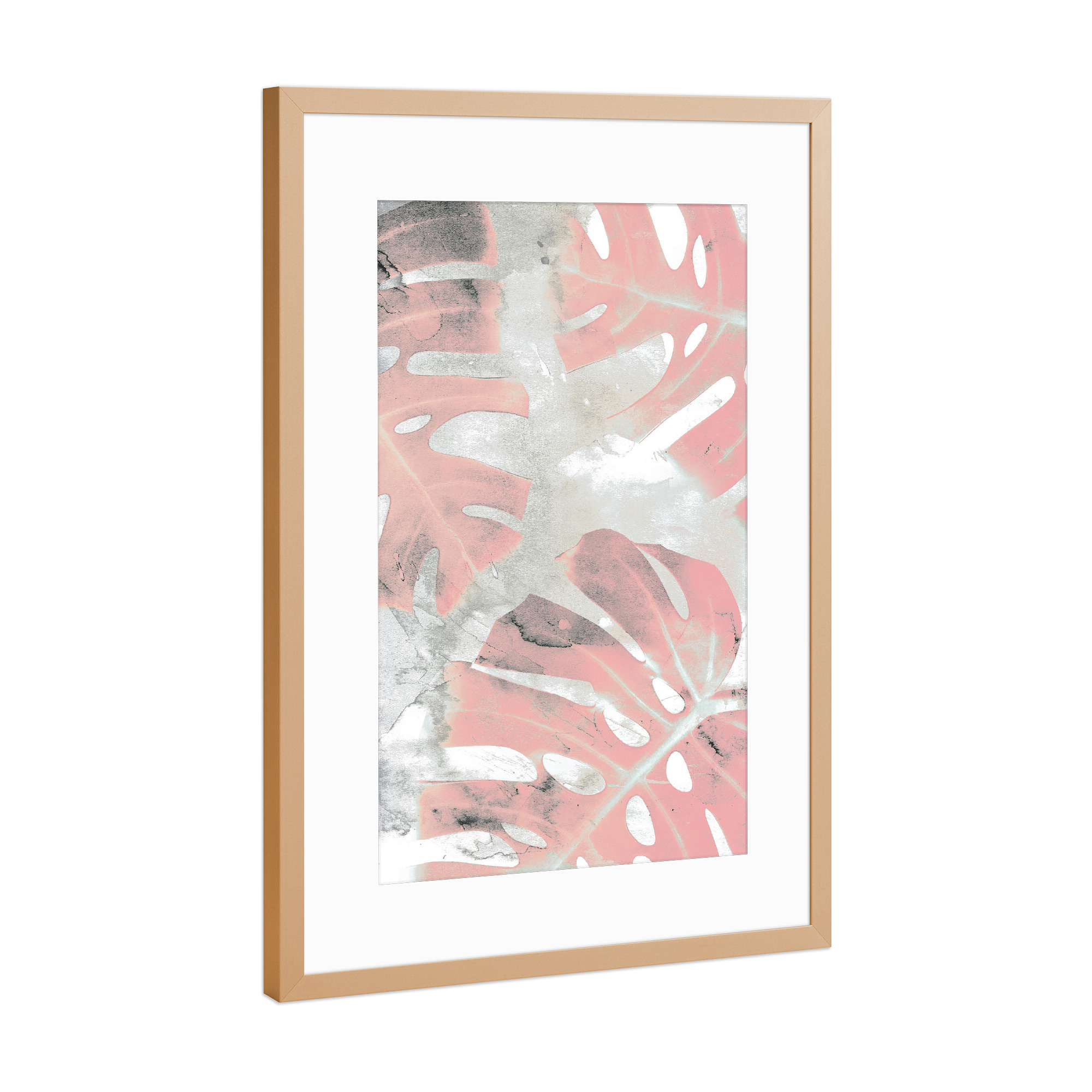 Poster mit Rahmen Kupfer "Pink Ombre Monstera" artboxONE - Natur,Floral - Monstera,Leaf,Exotic,Plant,Pink,Blush,Mixed media,Paint
