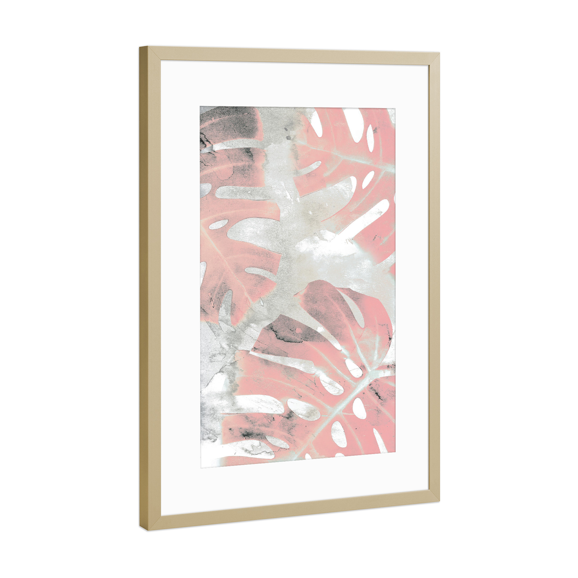 Poster mit Rahmen Gold "Pink Ombre Monstera" artboxONE - Natur,Floral - Monstera,Leaf,Exotic,Plant,Pink,Blush,Mixed media,Paint