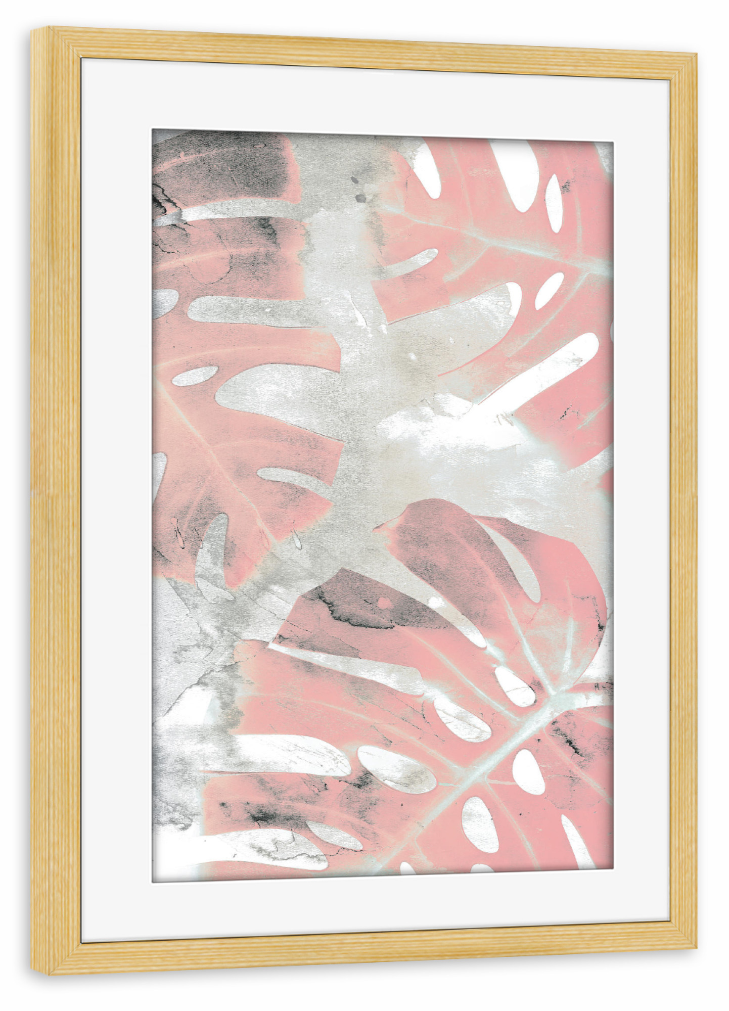 Poster mit Rahmen kiefer "Pink Ombre Monstera" artboxONE - Natur,Floral - Monstera,Leaf,Exotic,Plant,Pink,Blush,Mixed media,Paint