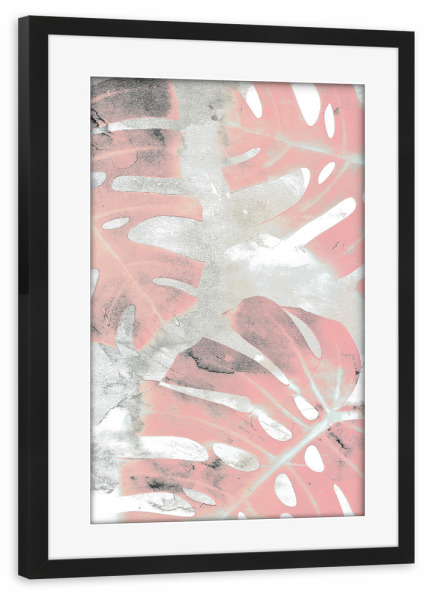 Poster mit Rahmen schwarz "Pink Ombre Monstera" artboxONE - Natur,Floral - Monstera,Leaf,Exotic,Plant,Pink,Blush,Mixed media,Paint