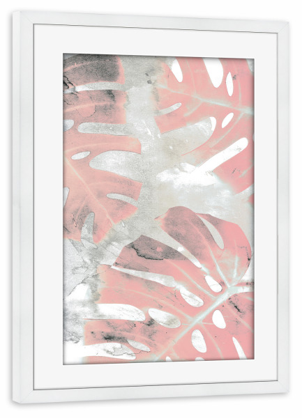 Poster mit Rahmen weiß "Pink Ombre Monstera" artboxONE - Natur,Floral - Monstera,Leaf,Exotic,Plant,Pink,Blush,Mixed media,Paint