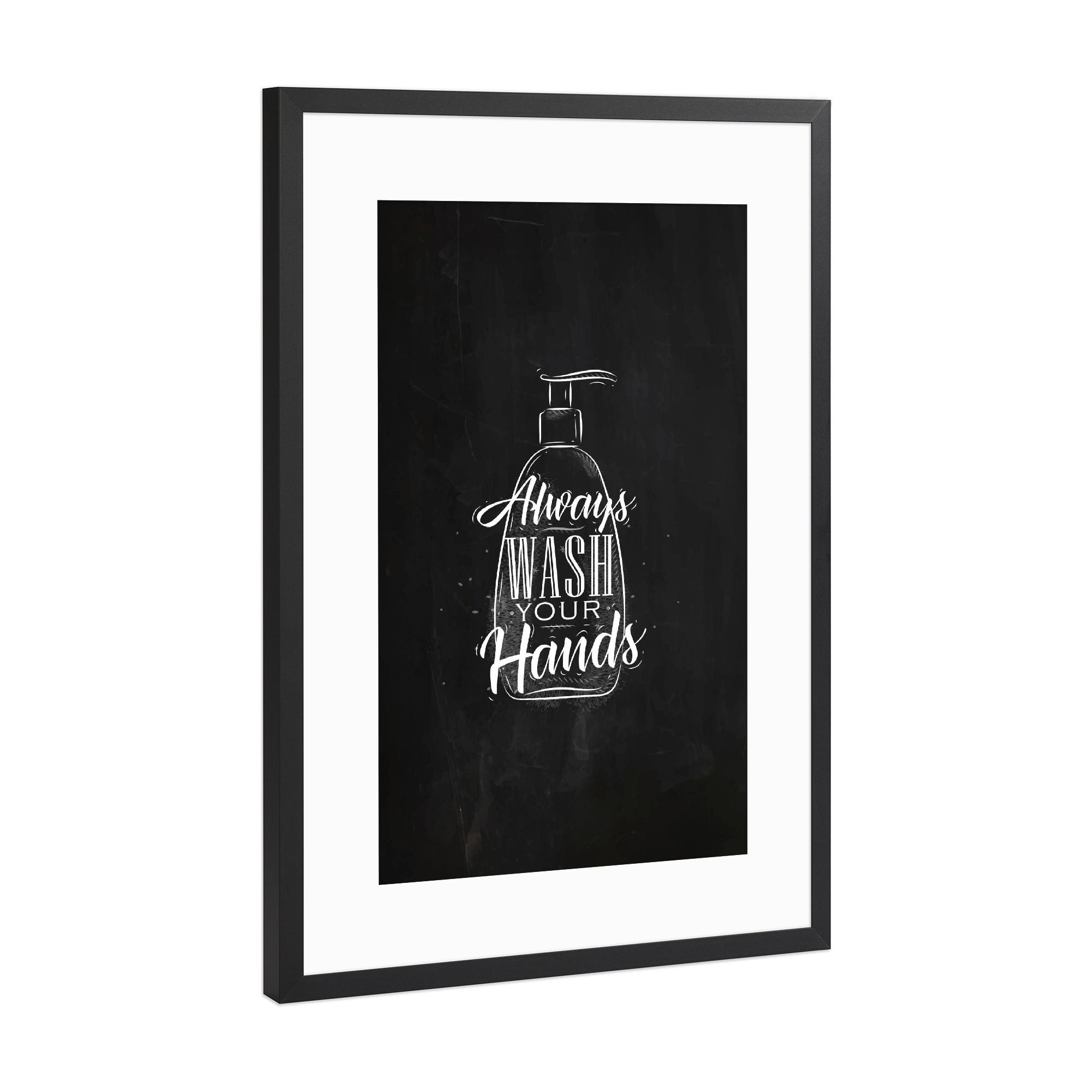 Poster mit Rahmen Schwarz (Metallic) "Soap dispenser graphic chalk" artboxONE - Typografie,Schwarzweiß - Soap,Lettering,Chalk