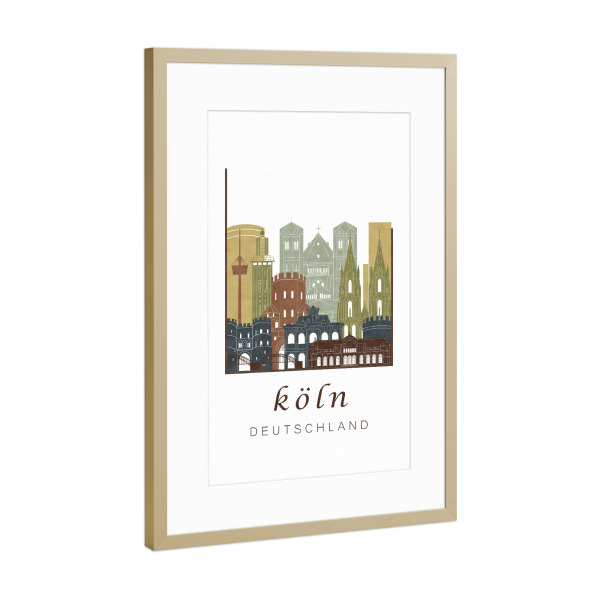 Poster mit Rahmen Gold "Cologne skyline light brown" artboxONE - Städte / Köln - Cologne,Köln,Koln,Germany,Deutschland,Skyline,Cityscape,Travel