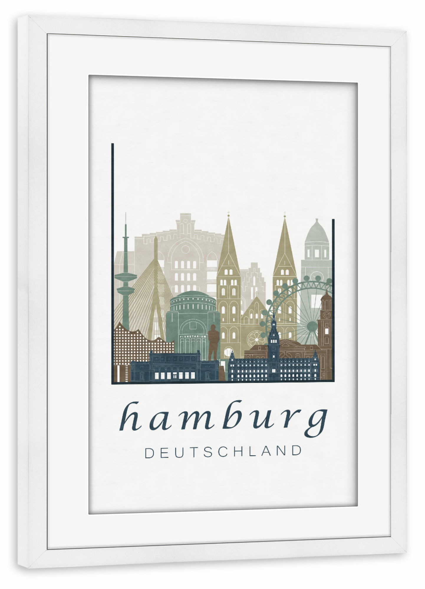 Poster mit Rahmen weiß "Hamburg skyline light blue" artboxONE - Städte / Hamburg - Hamburg,Germany,Deutschland,Skyline,Cityscape,Travel