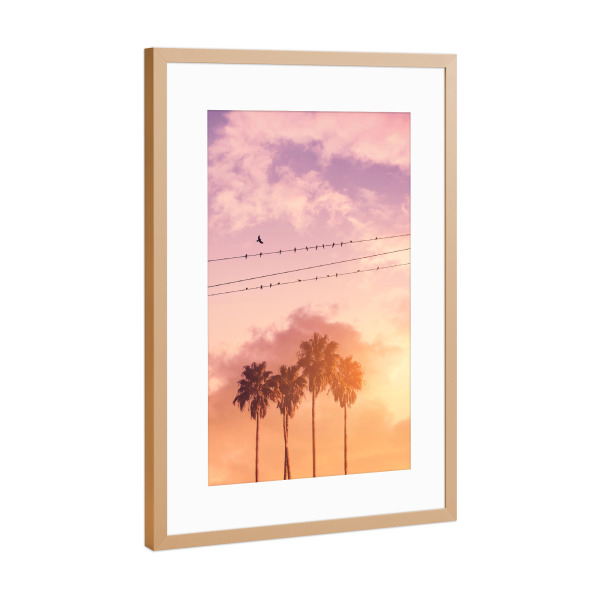 Poster mit Rahmen Kupfer "BIRDS ON A WIRE" artboxONE - Natur - Birds,Summer,Palm trees,Clouds,Minimal art,Surreal,Silhouette,Landscape,Pink