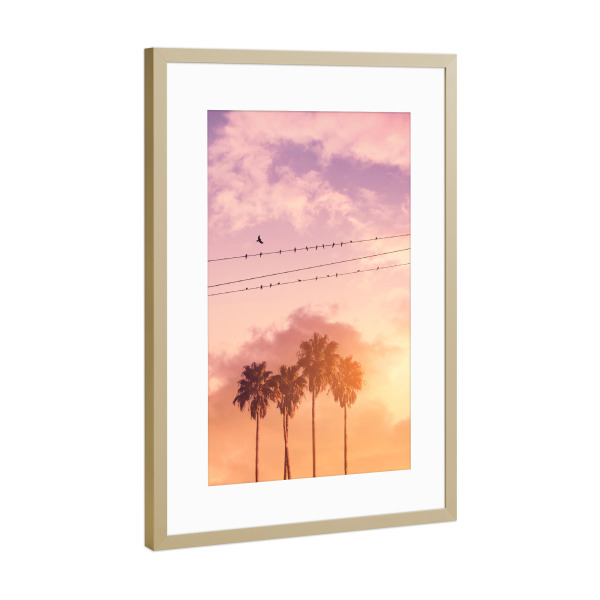 Poster mit Rahmen Gold "BIRDS ON A WIRE" artboxONE - Natur - Birds,Summer,Palm trees,Clouds,Minimal art,Surreal,Silhouette,Landscape,Pink