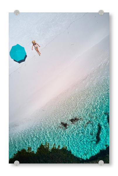 Acrylglasbild "Lady laying at the Beach" artboxONE - Natur,Reise / Strand und Meer - Beach,Beachday,Swimming,Ocean,Drone,Waves