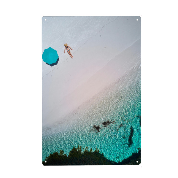 Holzbild "Lady laying at the Beach" artboxONE - Natur,Reise / Strand und Meer - Beach,Beachday,Swimming,Ocean,Drone,Waves