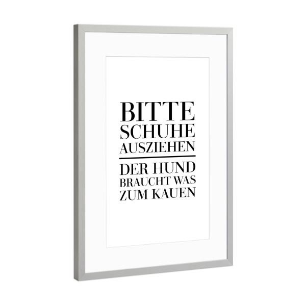Poster mit Rahmen Silber "Bitte Schuhe ausziehen" artboxONE - Typografie,Schwarzweiß,Lustig
